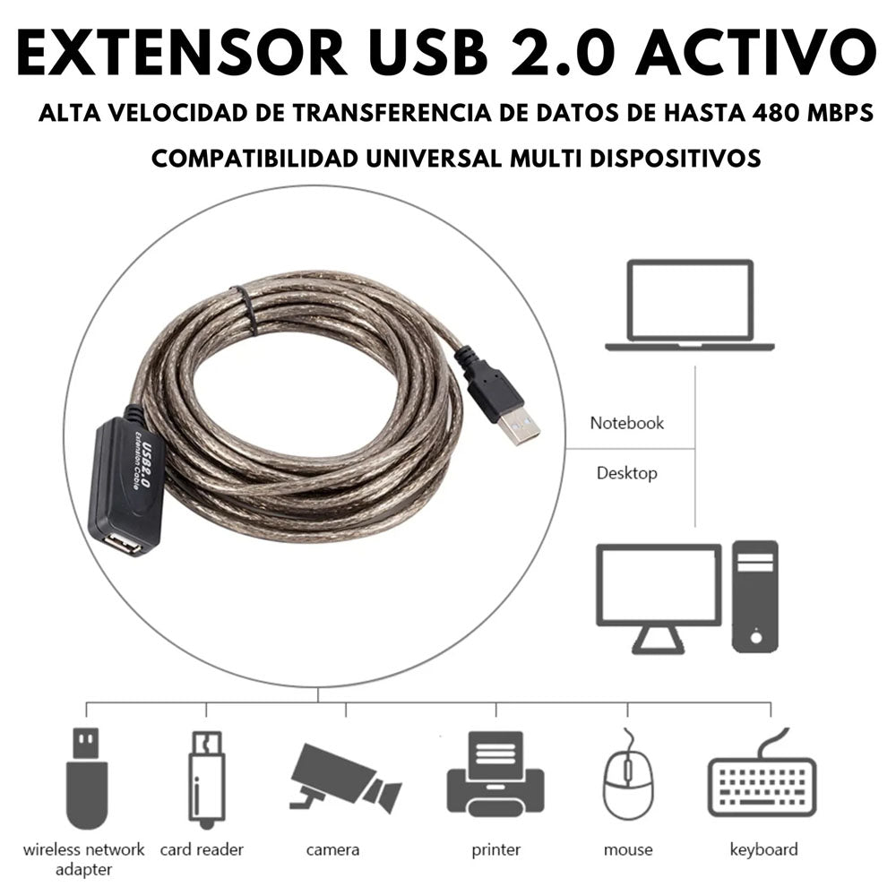 Cable Extensor USB 2.0 Ulink de 10 Metros con Repetidor de Señal