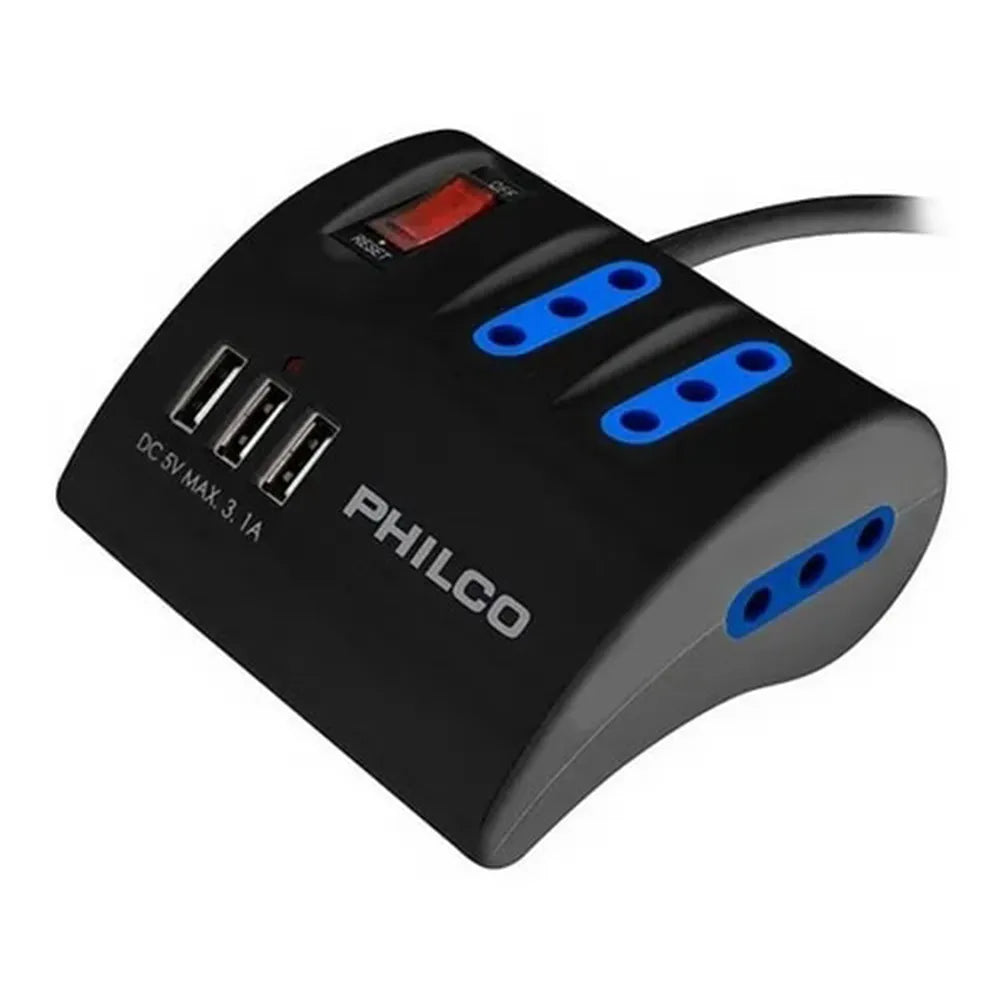 Alargador de Escritorio Philco 3P 3USB 3.1A 19PLC2043N Color Negro