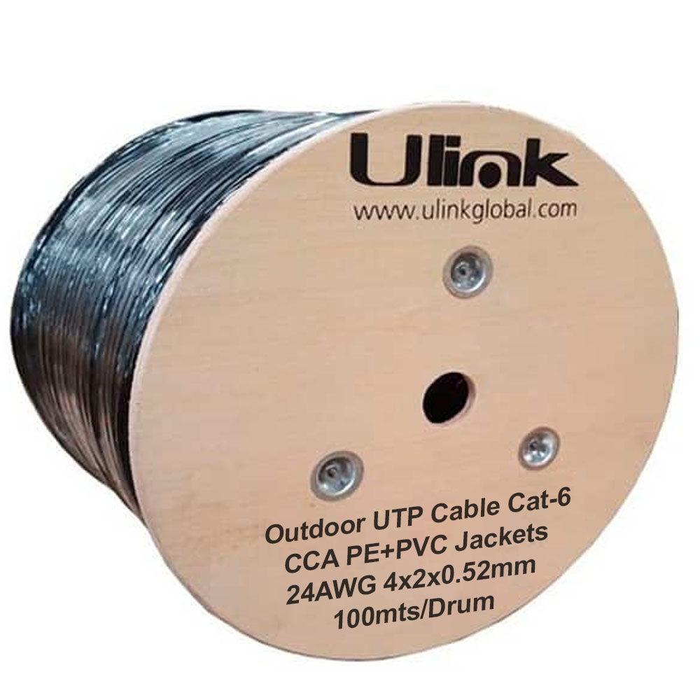 Cable de Red UTP Cat-6 de 100 Metros Ulink 24 AWG 4x2x0.52mm CCA PVC+PE Outdoor