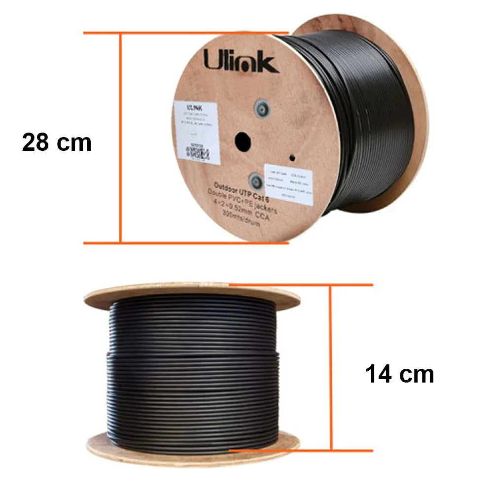 Cable de Red UTP Cat-6 de 100 Metros Ulink 24 AWG 4x2x0.52mm CCA PVC+PE Outdoor 100% Cobre