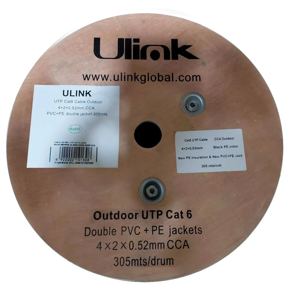 Cable de Red UTP Cat-6 de 305 Metros Ulink 23 AWG 4x2x0.52mm CCA PVC+PE Outdoor
