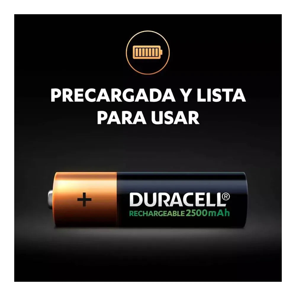 Cargador de Pilas Duracell + 4 Pilas NI-MH Recargables AA 2500mAh DX1500