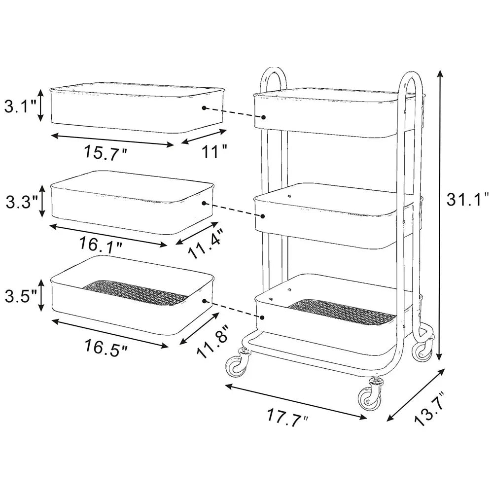 Carrito Metálico de Almacenamiento y Organización de 3 Niveles Color Rojo