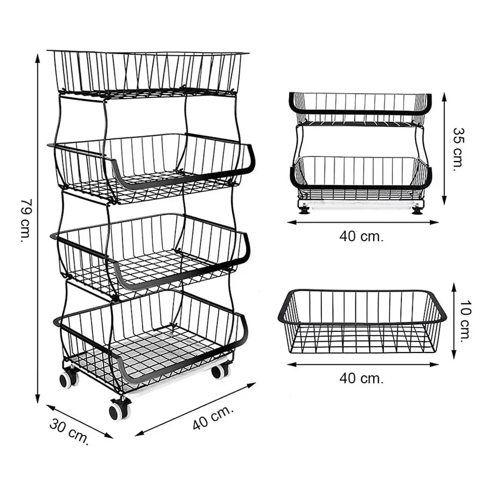 Cesta Organizadora de Cocina Metálico de 4 Niveles Color Negro