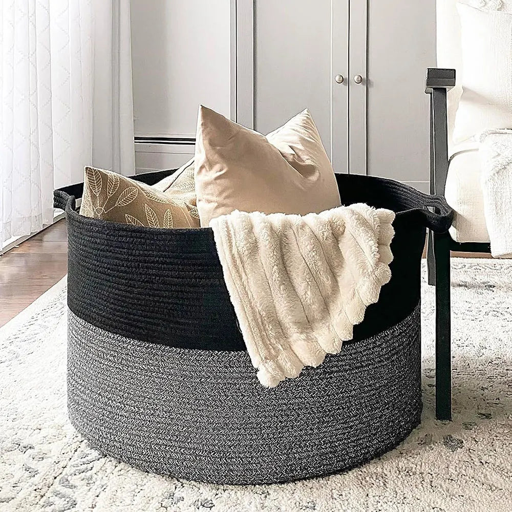 Cesta de Almacenamiento Multiusos Tejido de Algodón Color Negro-Gris