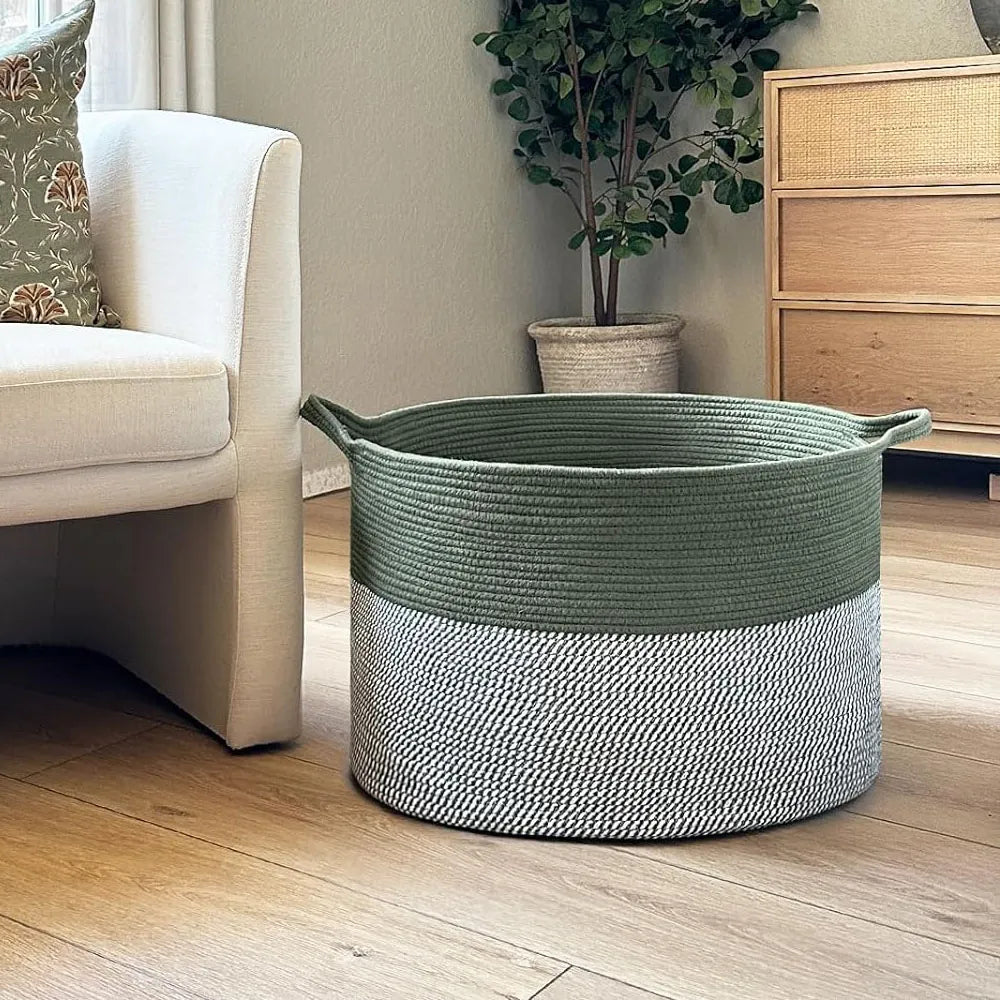 Cesta de Almacenamiento Multiusos Tejido de Algodón Color Verde-Gris