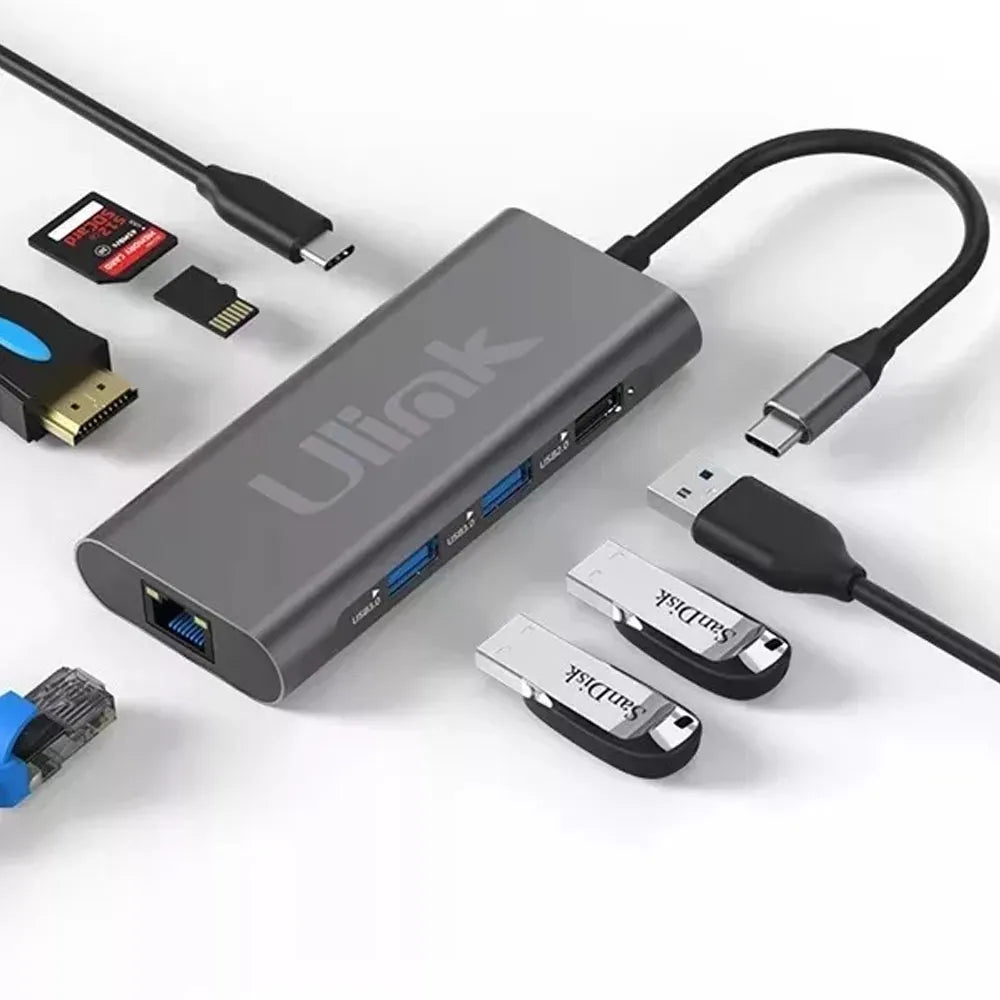 Hub USB Ulink USB-C a USB-C/USB-A 2.0/USB-A 3.0/TF/SD/RJ-45/HDMI UL-ADC801