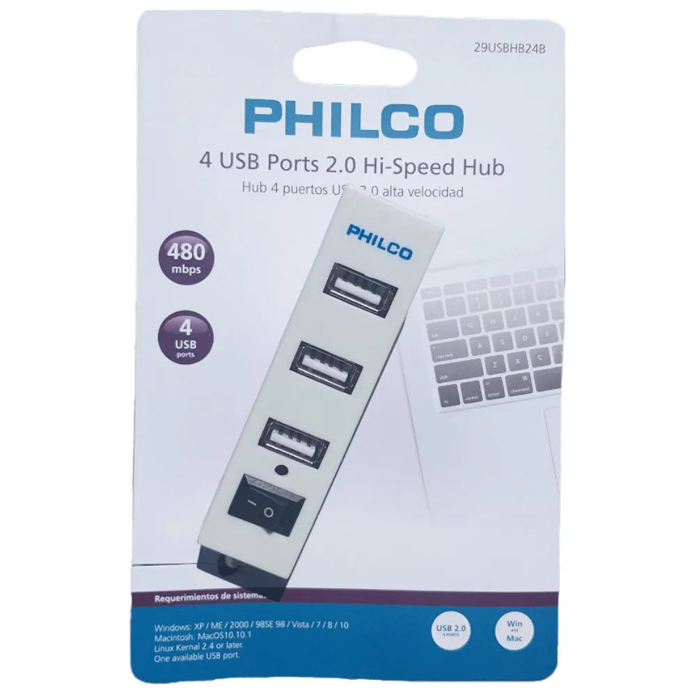 Hub USB Philco USB-A 2.0 a 4 USB-A 2.0 con Switch 29USBHB24B Blanco