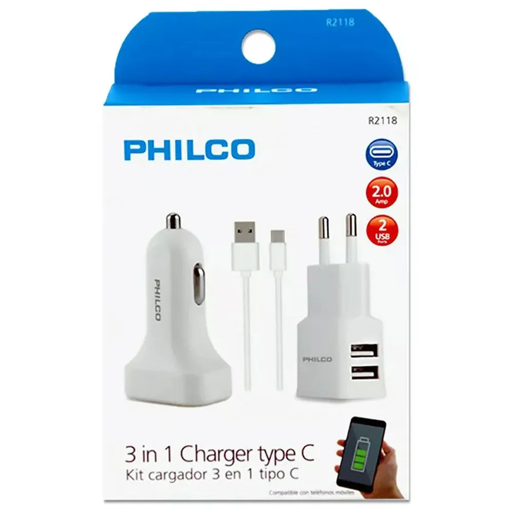 Kit Cargador 2.0 USB-C 3 en 1 Philco R2118