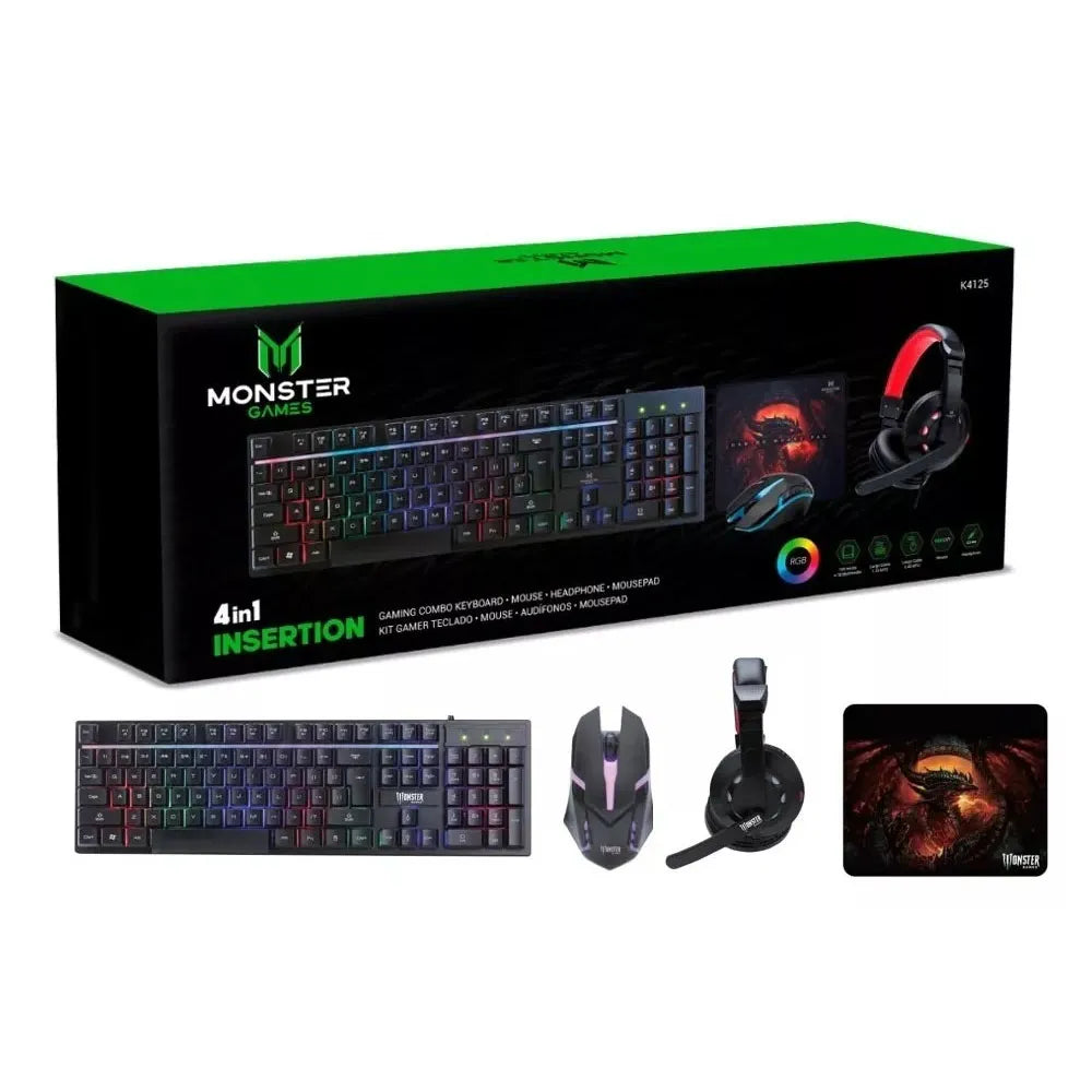 Kit Gamer Teclado Mouse Audífonos Mouse Pad Monster Games 4 en 1 Insertion K4125