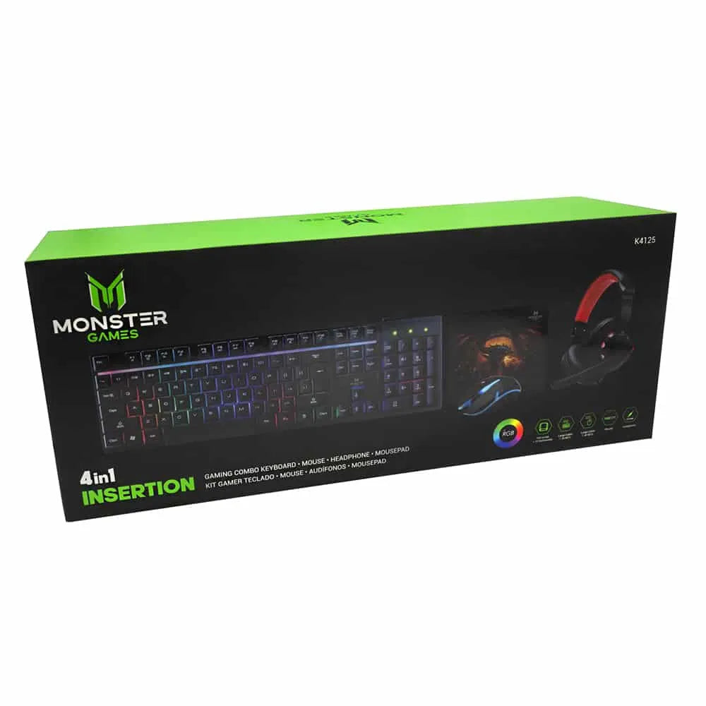 Kit Gamer Teclado Mouse Audífonos Mouse Pad Monster Games 4 en 1 Insertion K4125