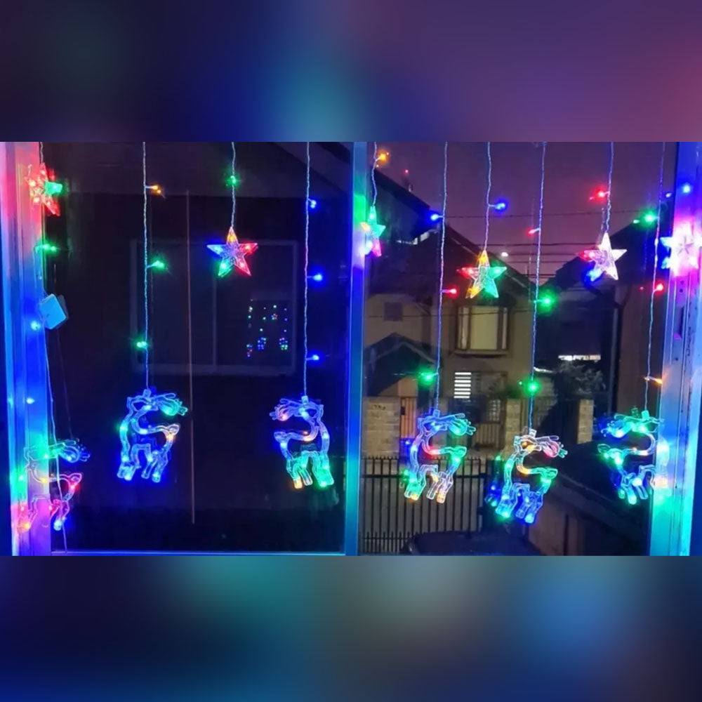 Guirnalda Cascada de Navidad LED con Forma de Reno y Estrella de 3 Metros Multicolor