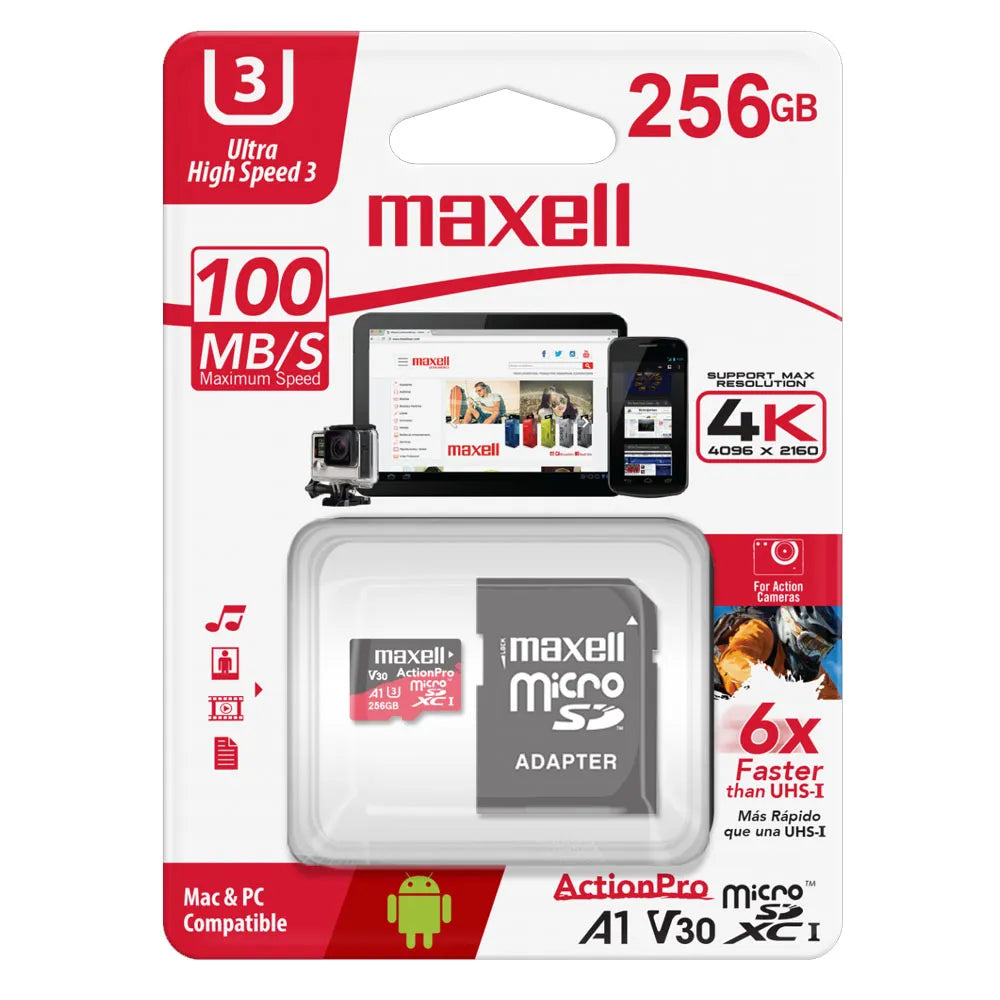 Micro SD XC Maxell Action Pro C10 256GB 100Mb/s UHS-I A1 V30 + Adaptador