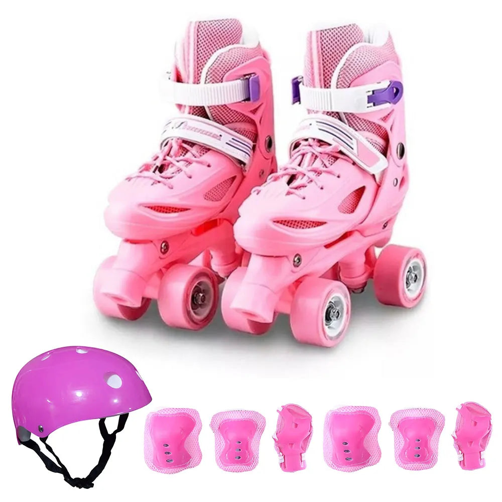 Patin Rosa 4 Ruedas Ajustable + Set Protección Casco Urbano