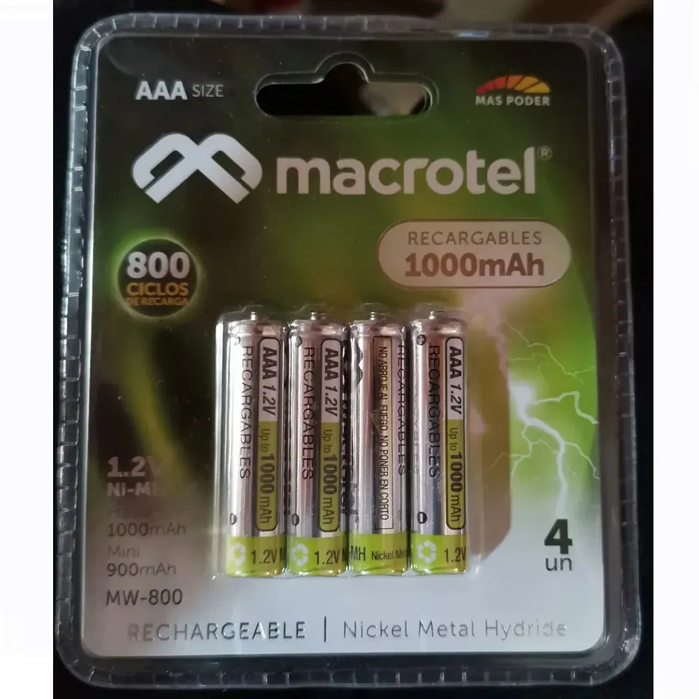 Pilas NI-MH Recargables 1.2 V Macrotel AAA 900mAh MW-800 de 4 Unidades