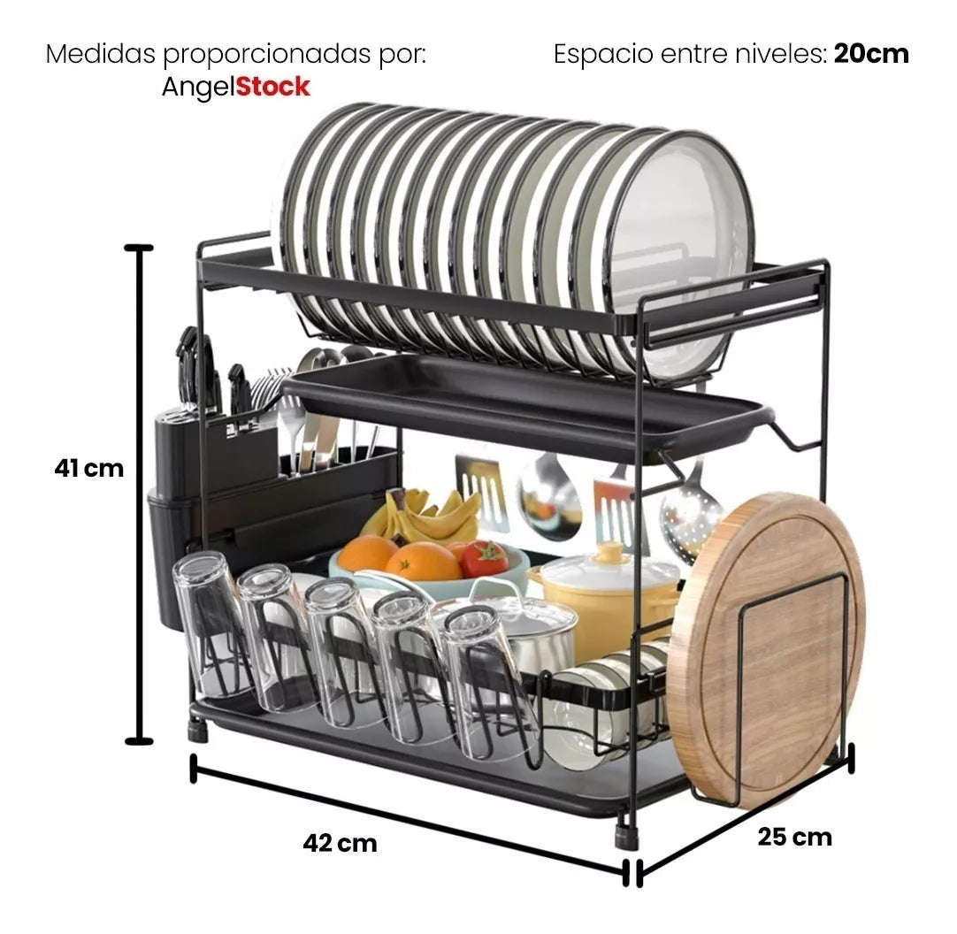 Secaplatos Escurridor de Loza Metálico Antioxidante de 2 Niveles Color Negro