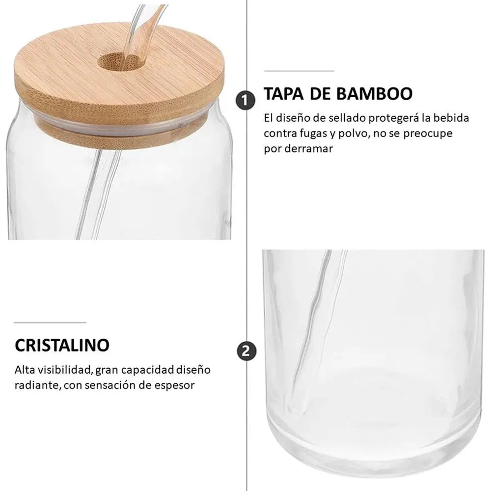 Vaso de Vidrio con Tapa de Bambu y Bombilla de 350ml