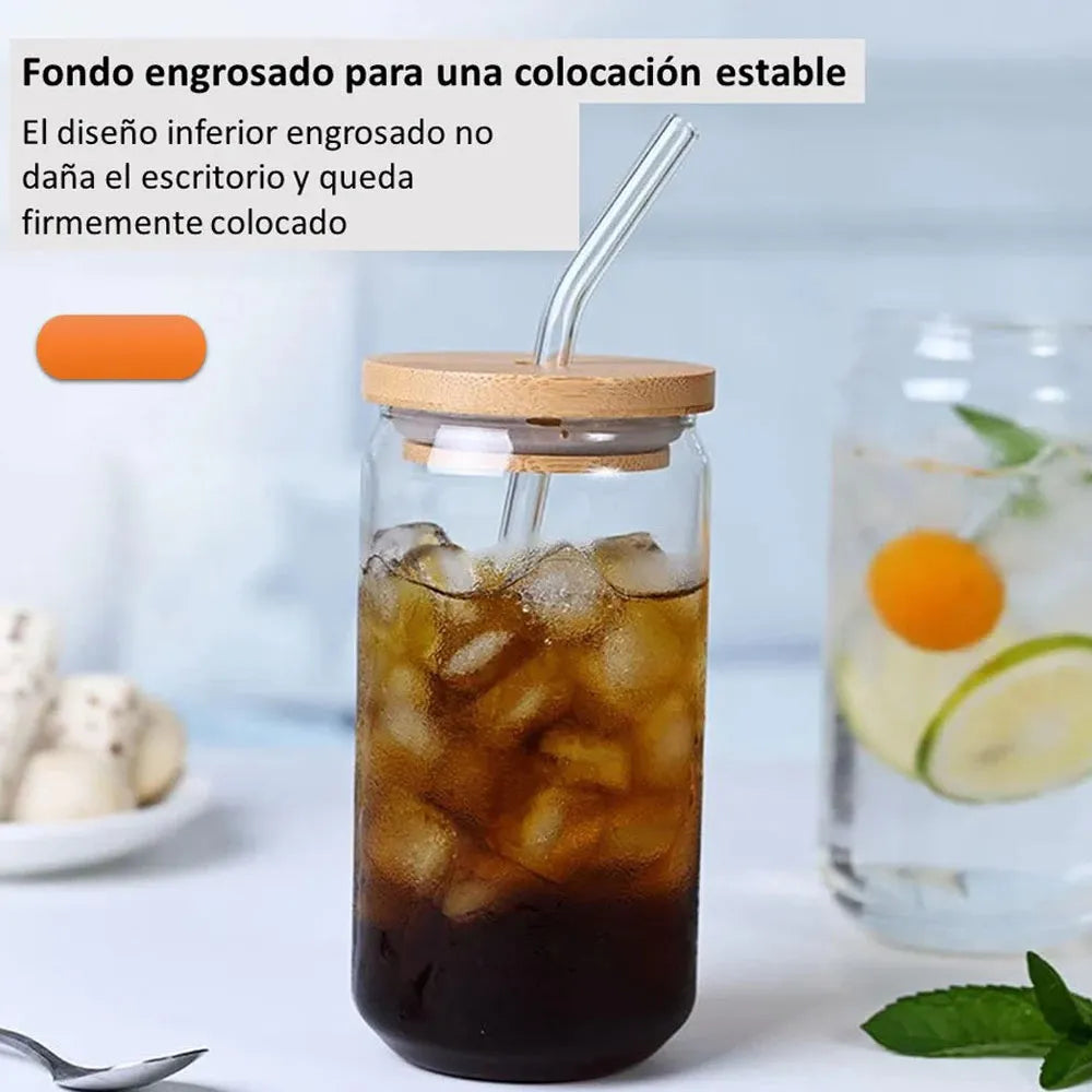 Vaso de Vidrio con Tapa de Bambu y Bombilla de 350ml