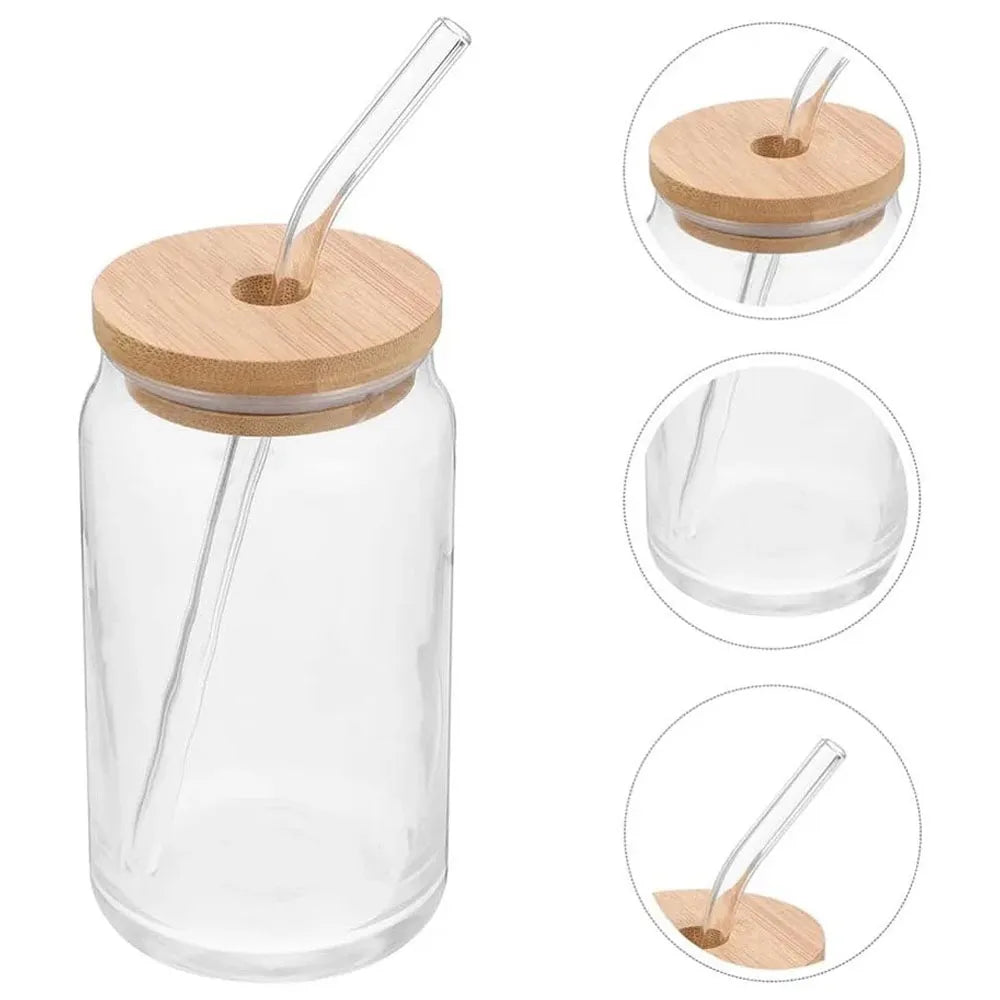 Vaso de Vidrio con Tapa de Bambu y Bombilla de 350ml